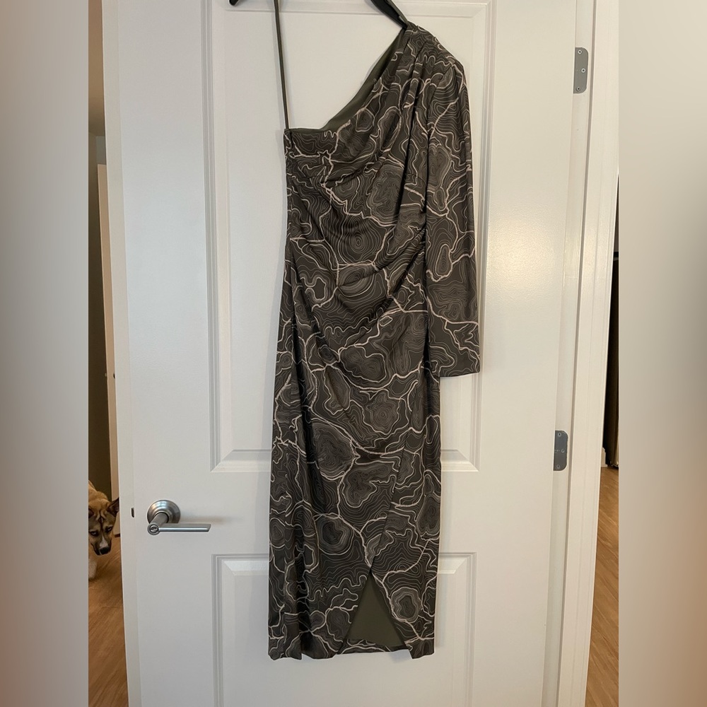 Antonio Melani x Elizabeth Damrich Long Sleeve One Shoulder Satin Midi Dress